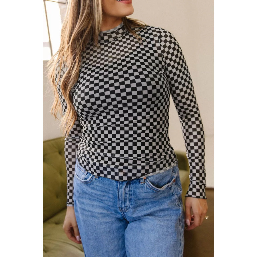 Plaid Stand Neck Long Sleeve Mesh Top Apparel and Accessories