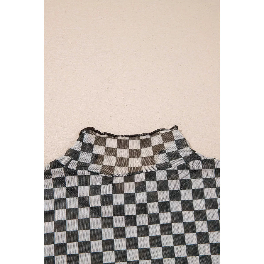 Plaid Stand Neck Long Sleeve Mesh Top Apparel and Accessories