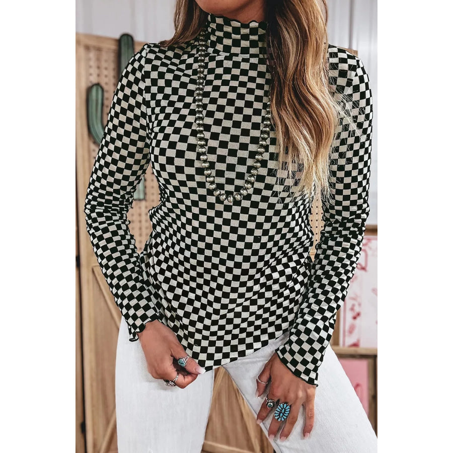 Plaid Stand Neck Long Sleeve Mesh Top Black / S Apparel and Accessories