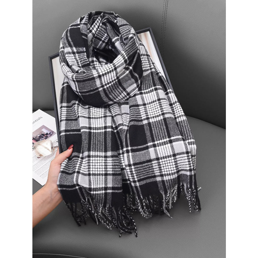 Plaid Tassel Hem Winter Scarf Black And White / One Size Apparel and Accessories