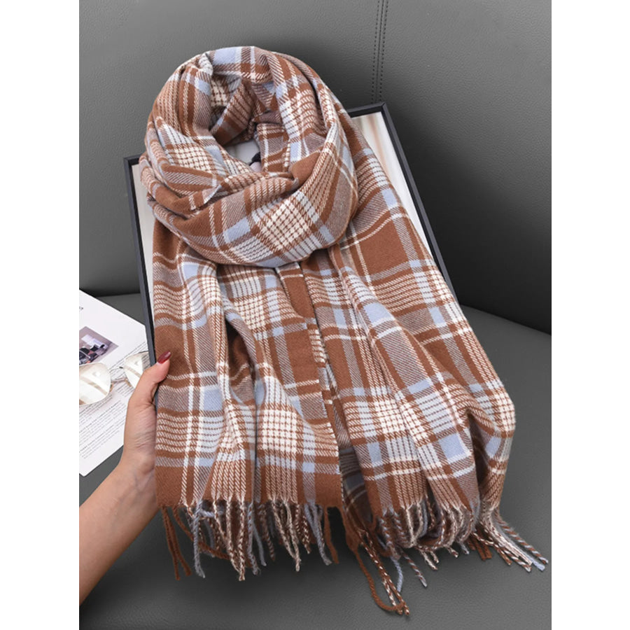 Plaid Tassel Hem Winter Scarf Camel / One Size Apparel and Accessories
