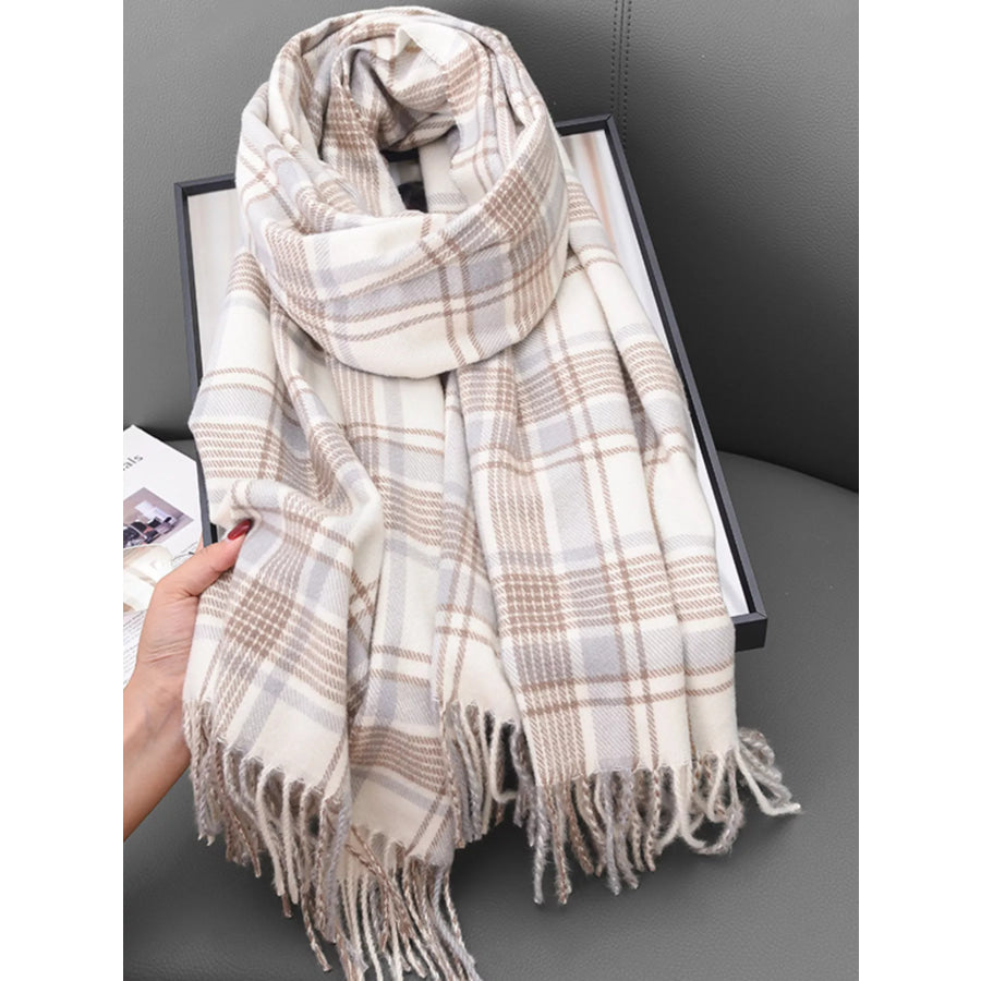 Plaid Tassel Hem Winter Scarf Khakis / One Size Apparel and Accessories