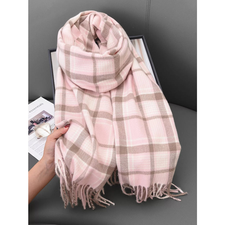 Plaid Tassel Hem Winter Scarf Light Powder / One Size Apparel and Accessories