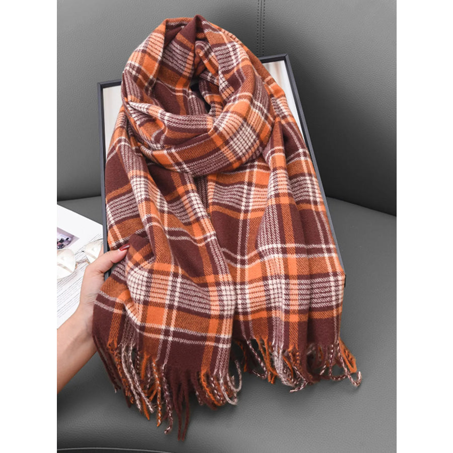 Plaid Tassel Hem Winter Scarf Orange Red / One Size Apparel and Accessories