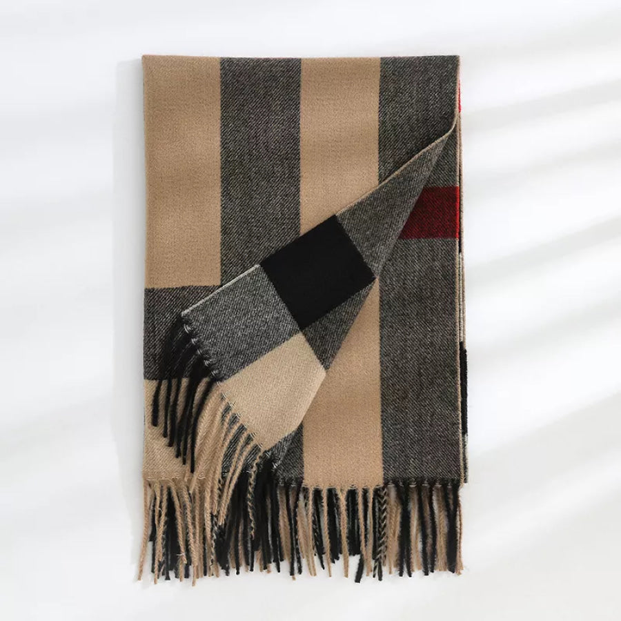 Plaid Tassel Scarf Black Camel / One Size Apparel and Accessories