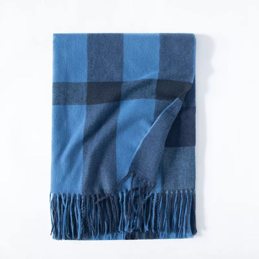 Plaid Tassel Scarf Blue / One Size Apparel and Accessories