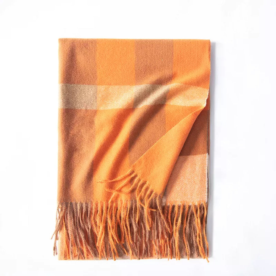 Plaid Tassel Scarf Bright Orange / One Size Apparel and Accessories