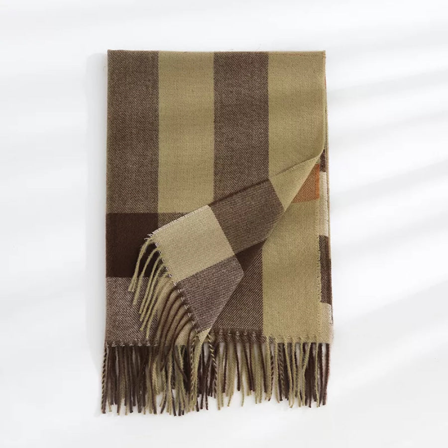 Plaid Tassel Scarf Brown / One Size Apparel and Accessories