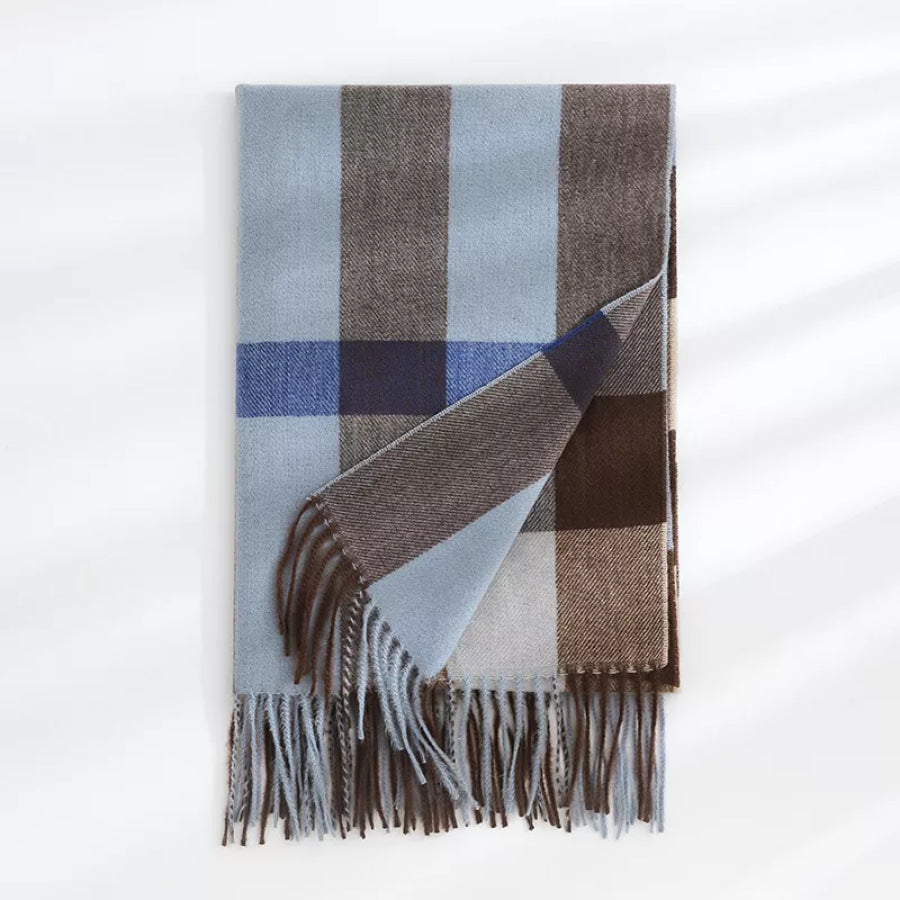 Plaid Tassel Scarf Light Blue / One Size Apparel and Accessories