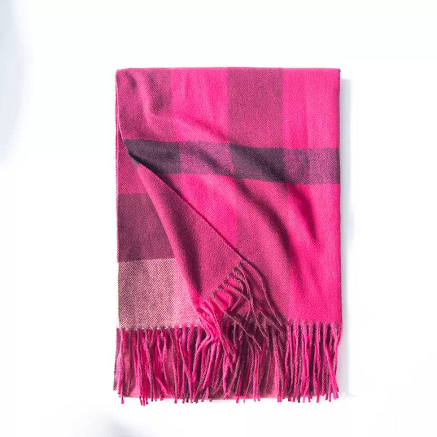 Plaid Tassel Scarf Rose Red / One Size Apparel and Accessories