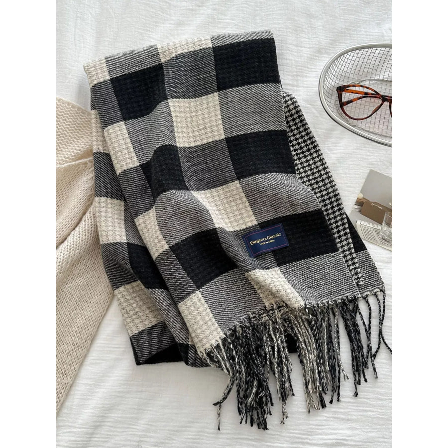 Plaid Tassel Winter Scarf Black / One Size Apparel and Accessories