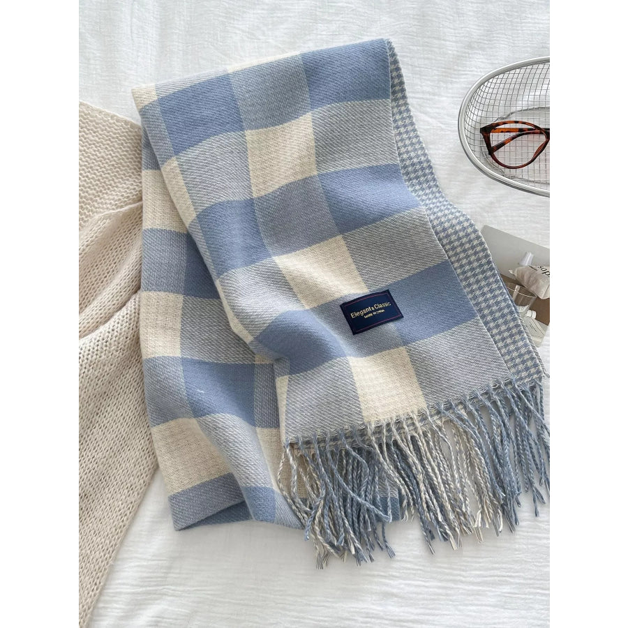 Plaid Tassel Winter Scarf Blue / One Size Apparel and Accessories