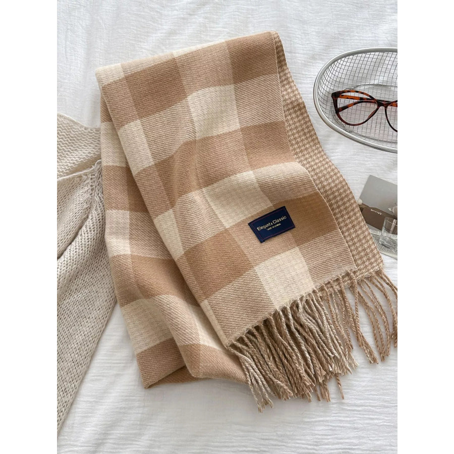 Plaid Tassel Winter Scarf Tan / One Size Apparel and Accessories