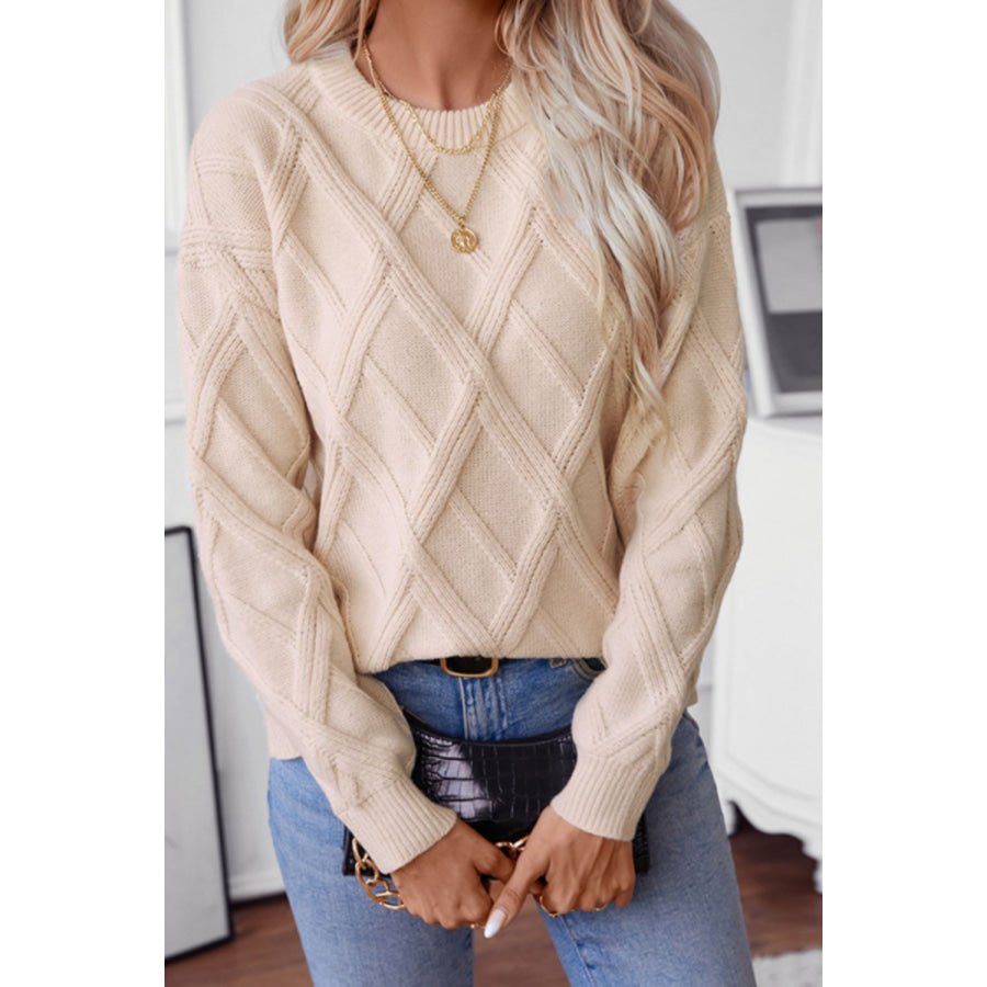 Plaid Texture Round Neck Sweater Beige / M Apparel and Accessories