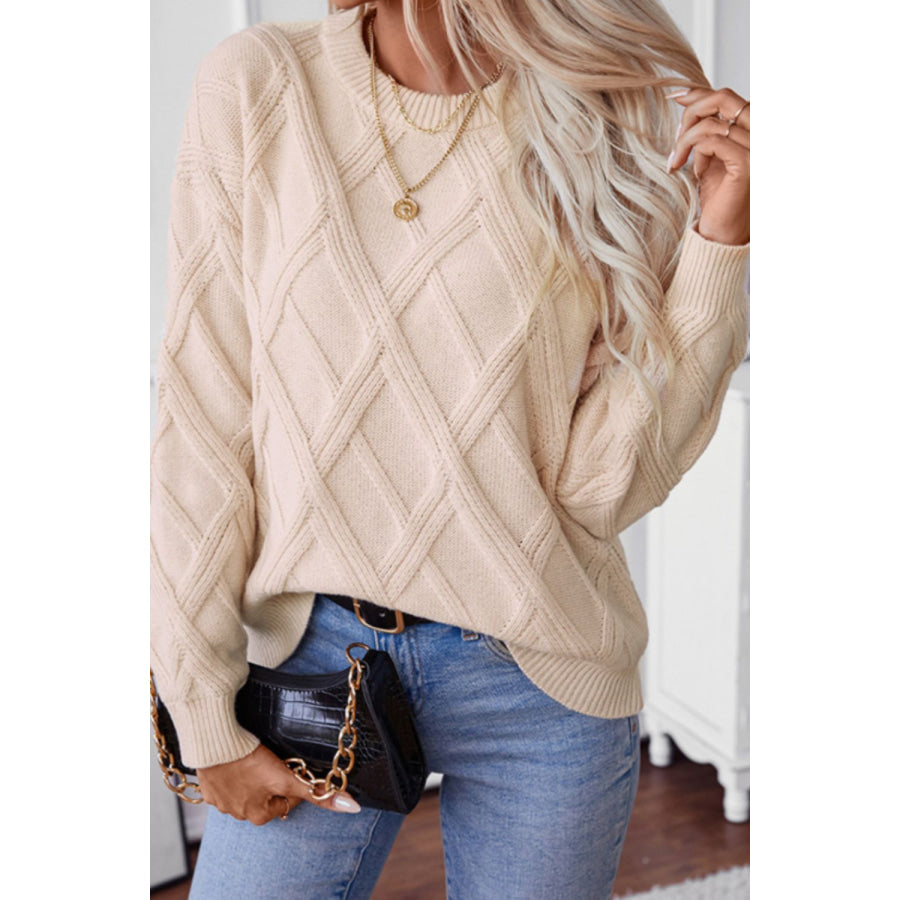 Plaid Texture Round Neck Sweater Beige / M Apparel and Accessories