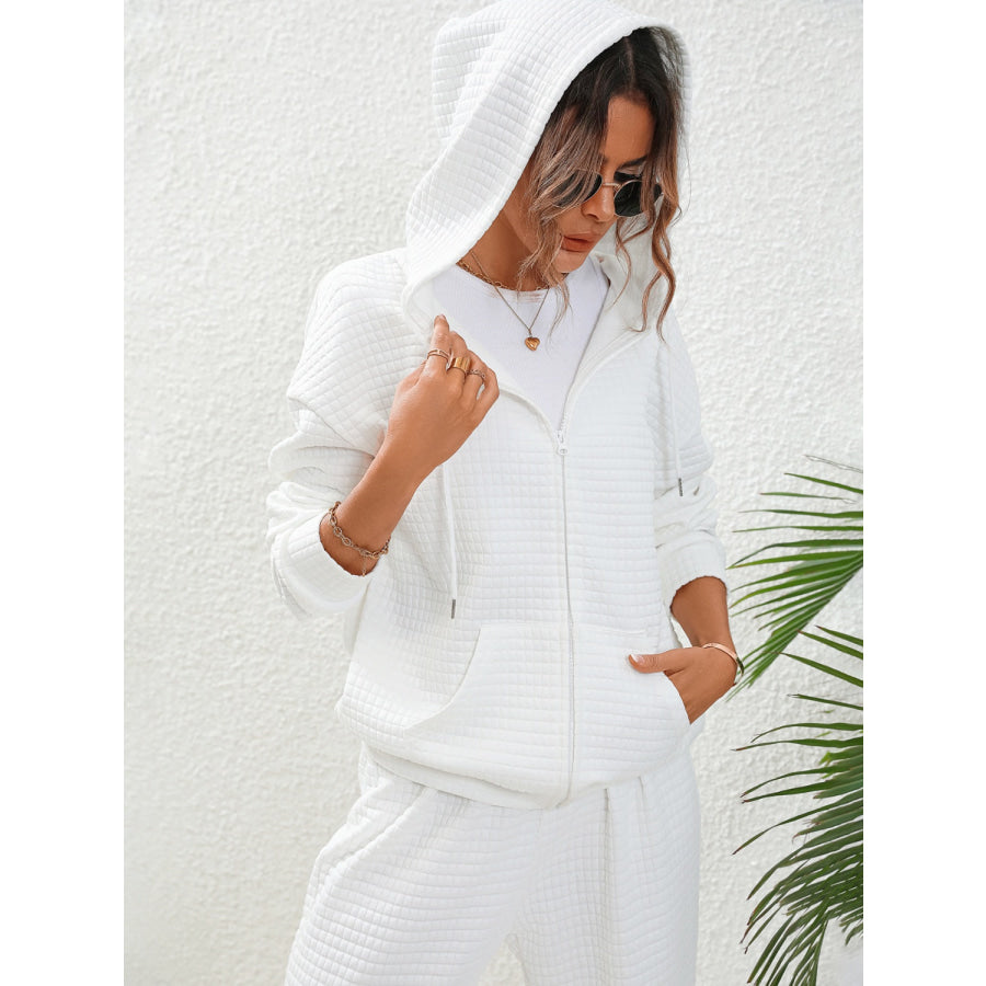 Plaid Texture Zip Up Hooded Jacket Apparel and Accessories