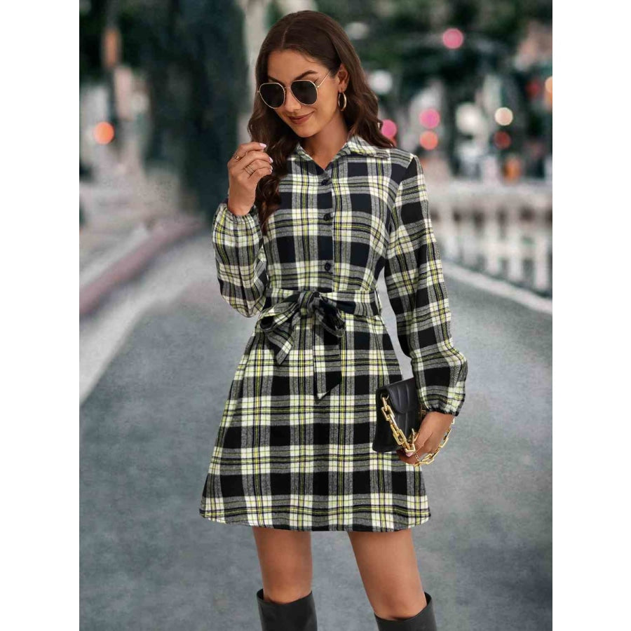 Plaid Tie Front Collared Neck Long Sleeve Dress Black / S