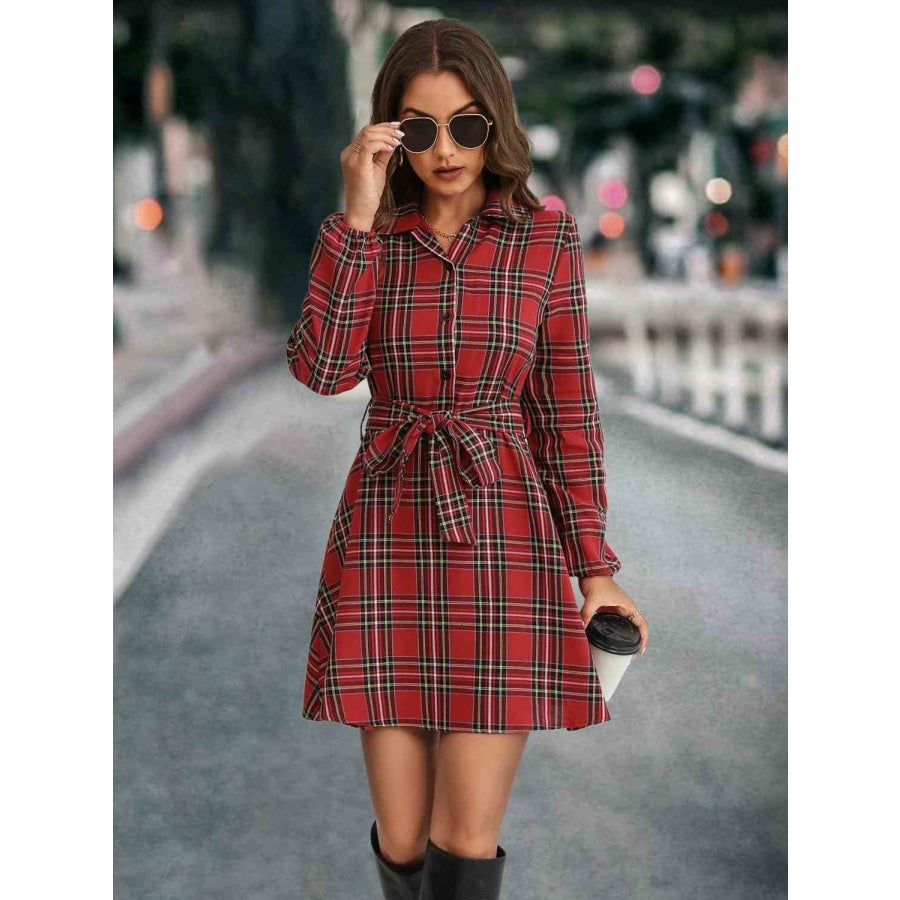 Plaid Tie Front Collared Neck Long Sleeve Dress