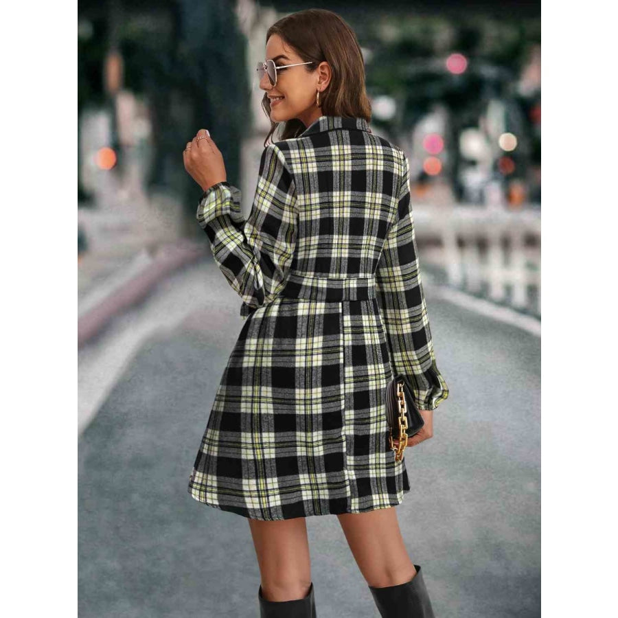 Plaid Tie Front Collared Neck Long Sleeve Dress