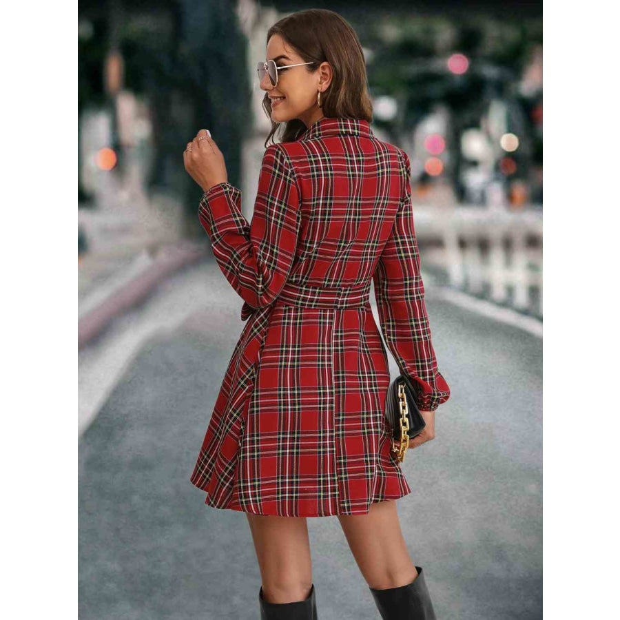 Plaid Tie Front Collared Neck Long Sleeve Dress