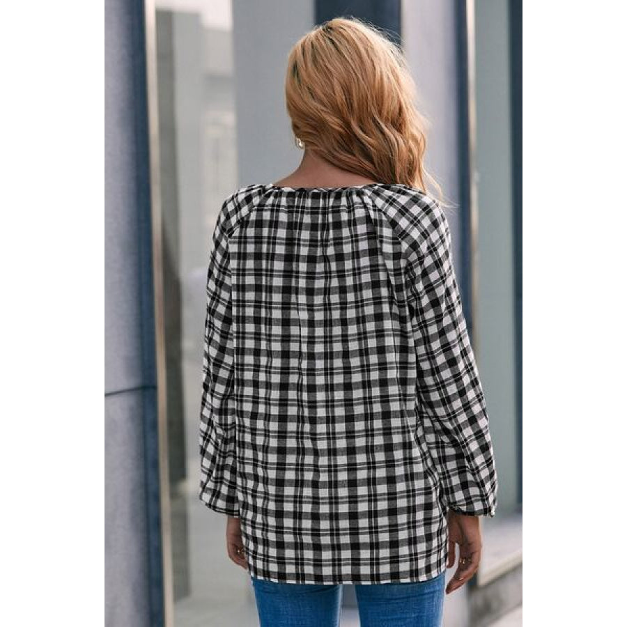 Plaid Tie Neck Balloon Sleeve Blouse Apparel and Accessories