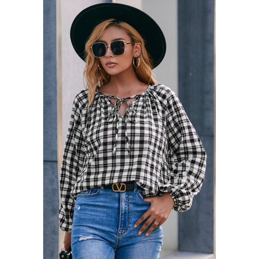 Plaid Tie Neck Balloon Sleeve Blouse Apparel and Accessories