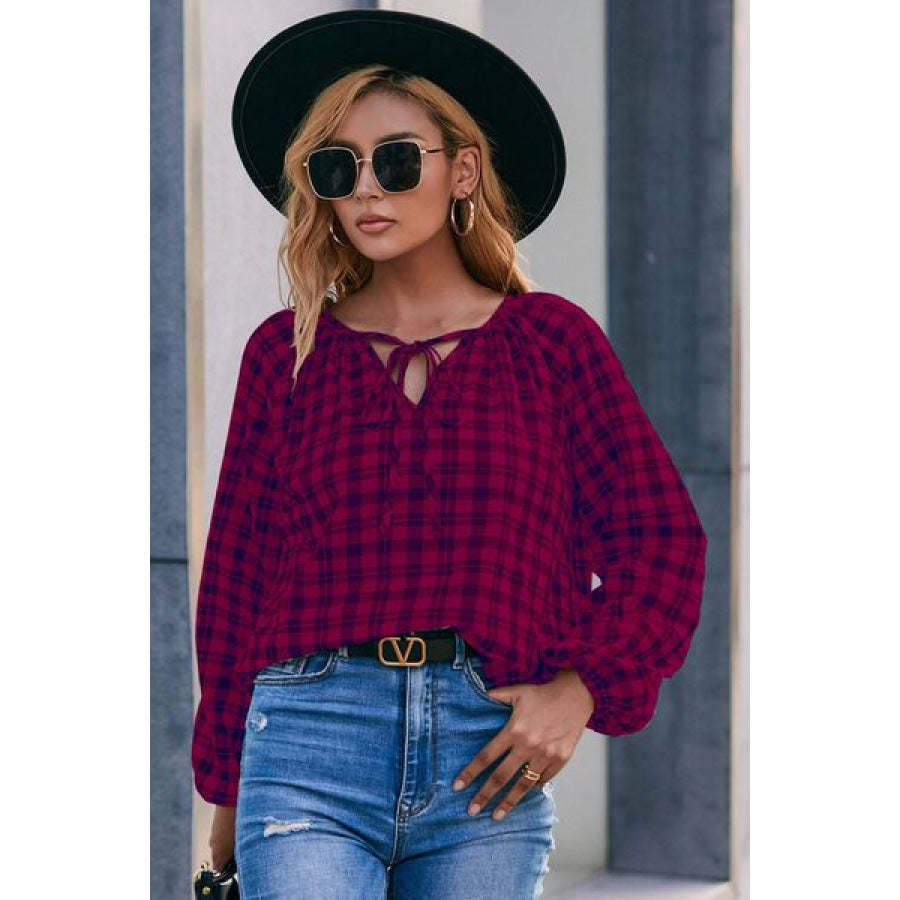 Plaid Tie Neck Balloon Sleeve Blouse Apparel and Accessories