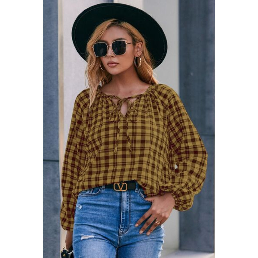 Plaid Tie Neck Balloon Sleeve Blouse Apparel and Accessories