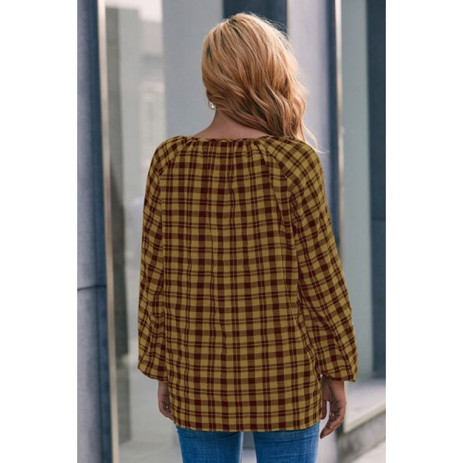 Plaid Tie Neck Balloon Sleeve Blouse Apparel and Accessories