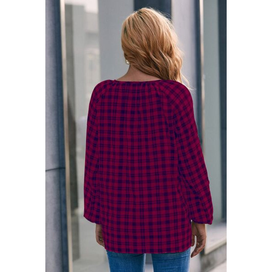 Plaid Tie Neck Balloon Sleeve Blouse Apparel and Accessories