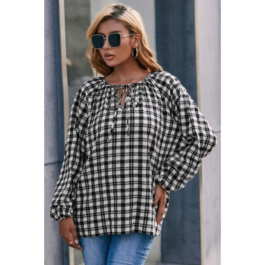 Plaid Tie Neck Balloon Sleeve Blouse Black / S Apparel and Accessories