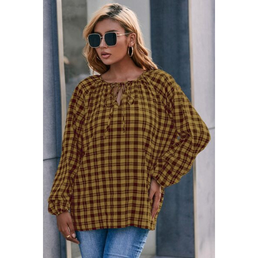 Plaid Tie Neck Balloon Sleeve Blouse Honey / S Apparel and Accessories