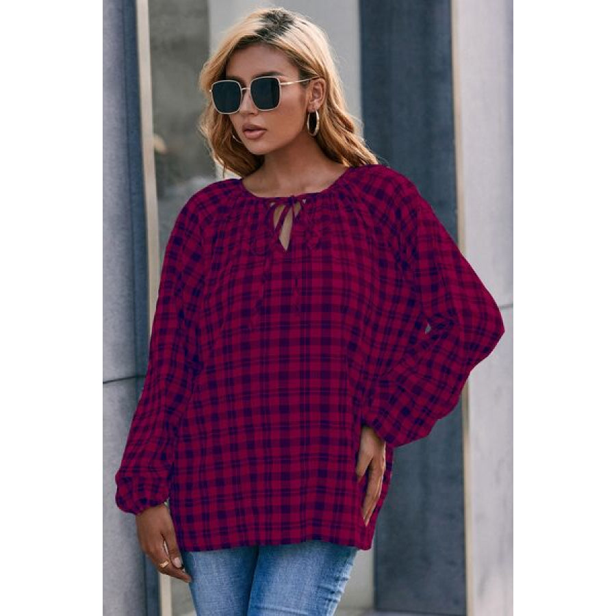 Plaid Tie Neck Balloon Sleeve Blouse Wine / S Apparel and Accessories