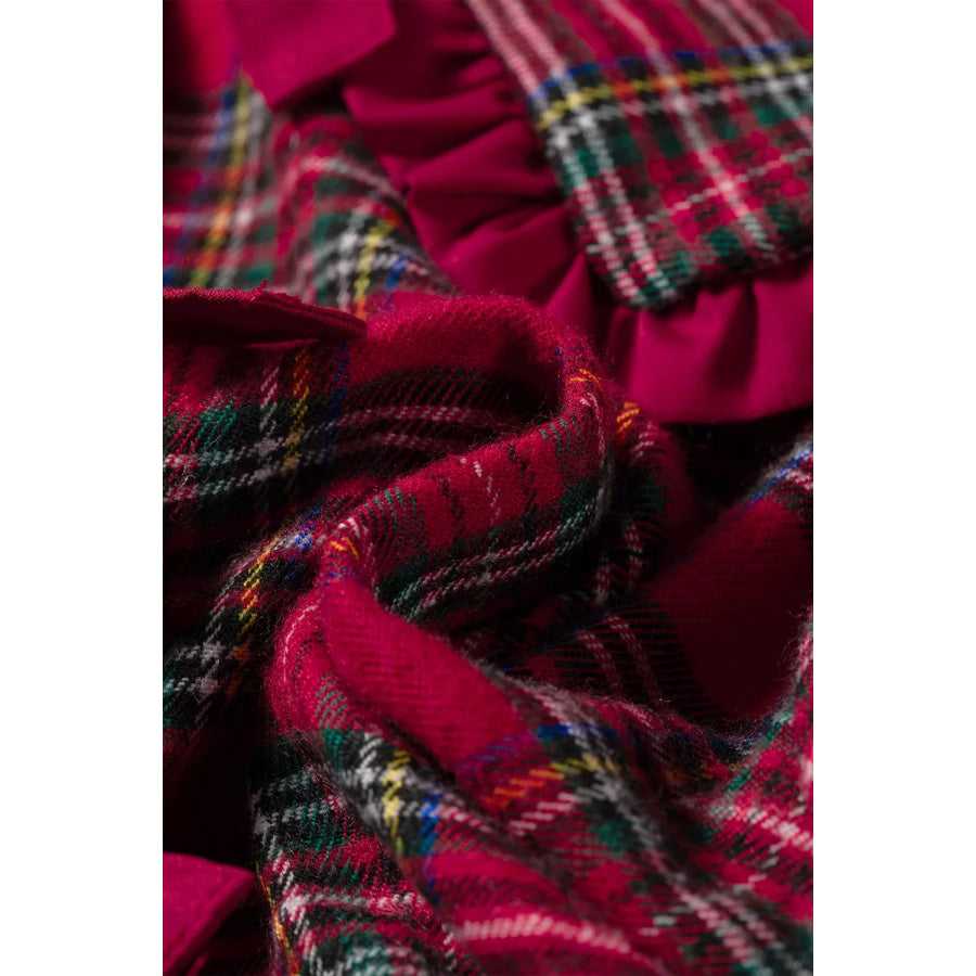 Plaid Tie Neck Ruffle Cuffs Long Sleeve Shift Blouse Apparel and Accessories