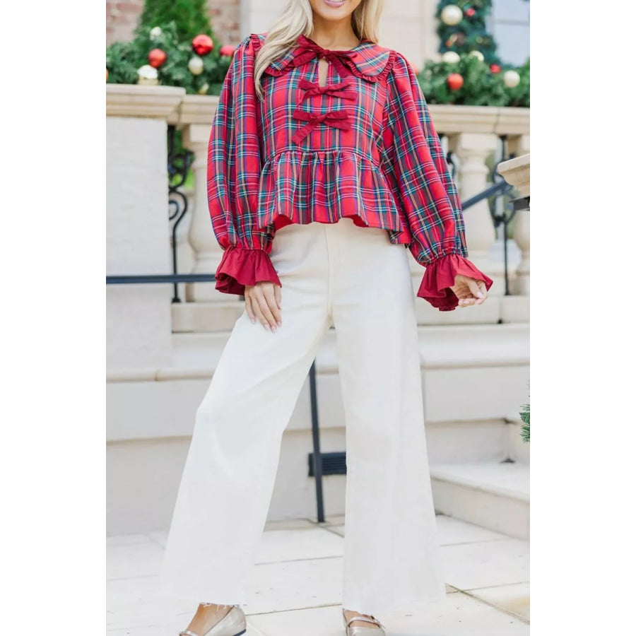 Plaid Tie Neck Ruffle Cuffs Long Sleeve Shift Blouse Apparel and Accessories