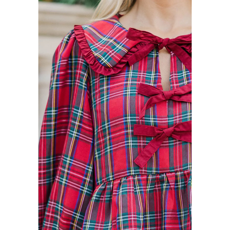 Plaid Tie Neck Ruffle Cuffs Long Sleeve Shift Blouse Apparel and Accessories