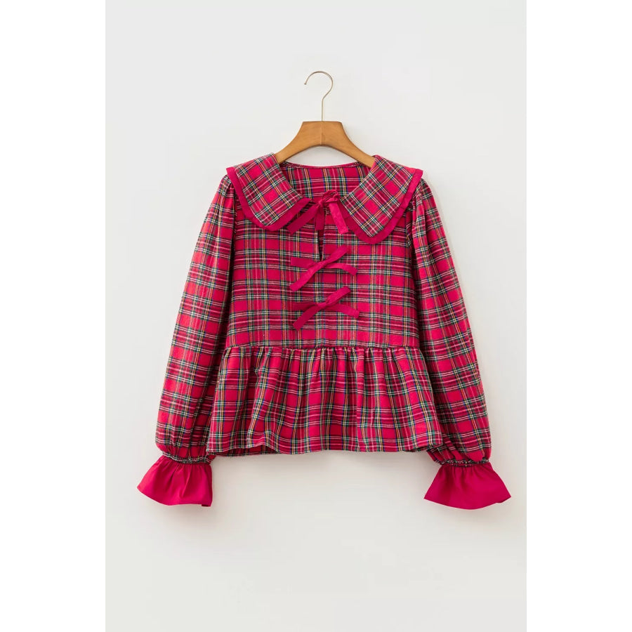 Plaid Tie Neck Ruffle Cuffs Long Sleeve Shift Blouse Apparel and Accessories
