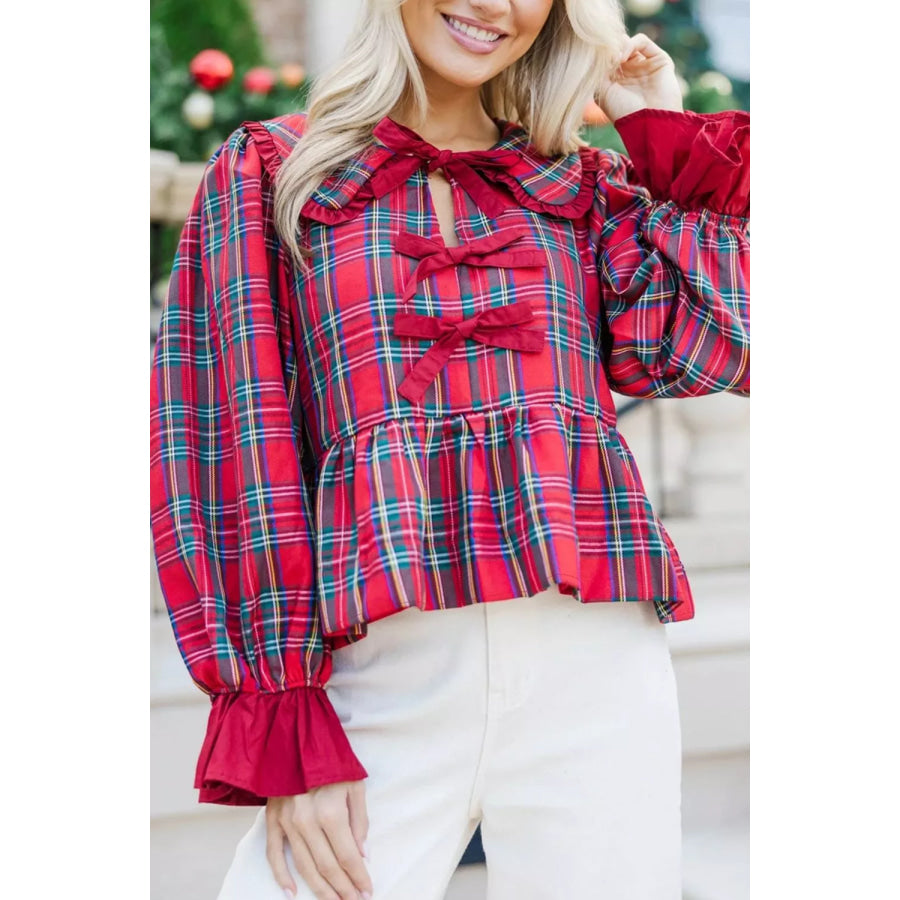Plaid Tie Neck Ruffle Cuffs Long Sleeve Shift Blouse Apparel and Accessories