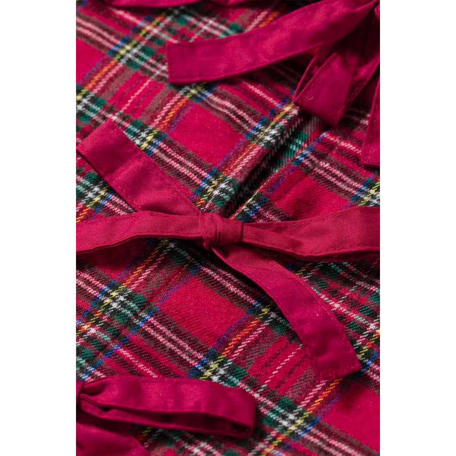 Plaid Tie Neck Ruffle Cuffs Long Sleeve Shift Blouse Apparel and Accessories