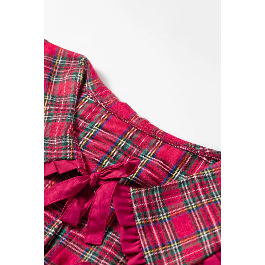 Plaid Tie Neck Ruffle Cuffs Long Sleeve Shift Blouse Apparel and Accessories
