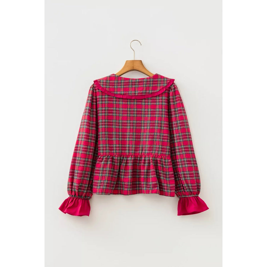 Plaid Tie Neck Ruffle Cuffs Long Sleeve Shift Blouse Apparel and Accessories