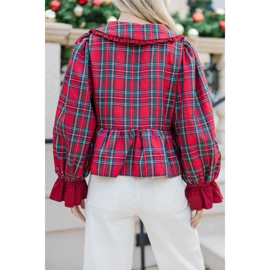 Plaid Tie Neck Ruffle Cuffs Long Sleeve Shift Blouse Apparel and Accessories