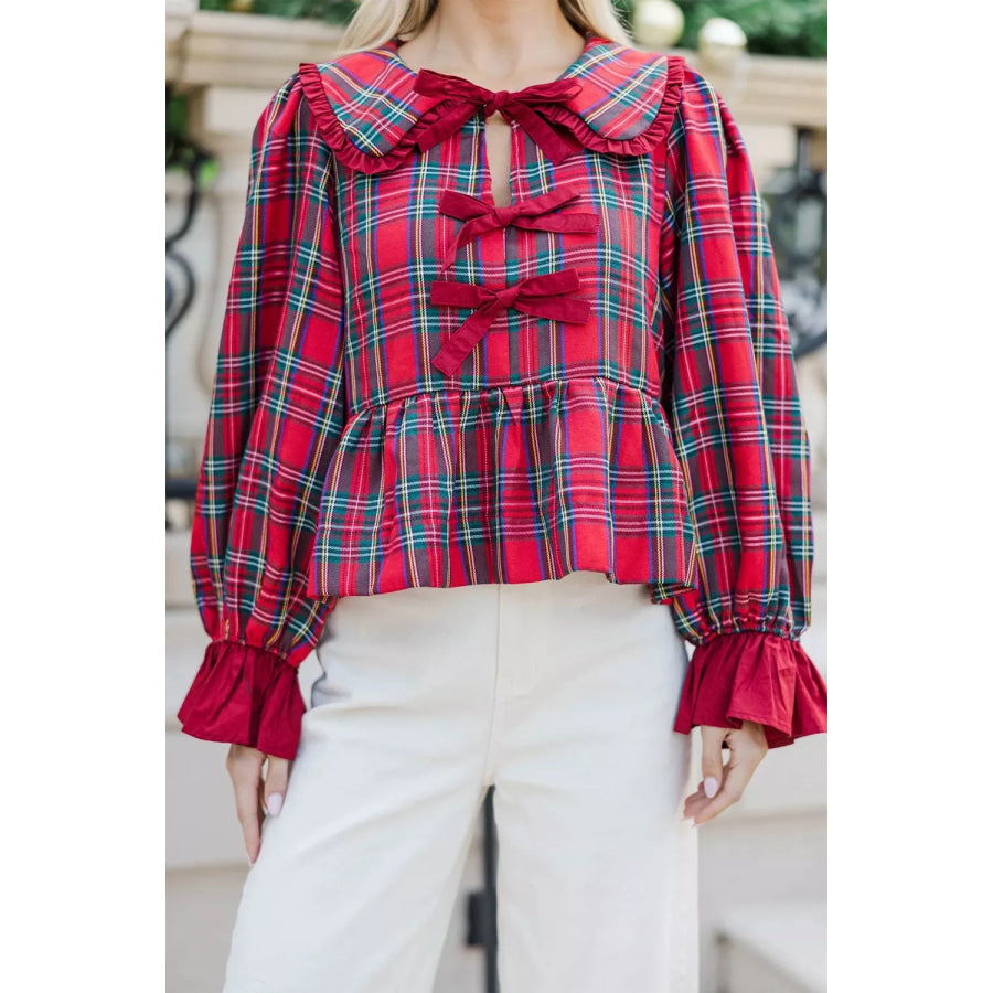 Plaid Tie Neck Ruffle Cuffs Long Sleeve Shift Blouse Rust / S Apparel and Accessories