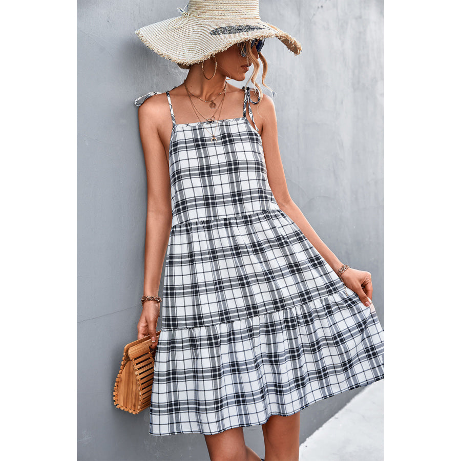 Plaid Tie - Shoulder Tiered Dress White / S Apparel and Accessories