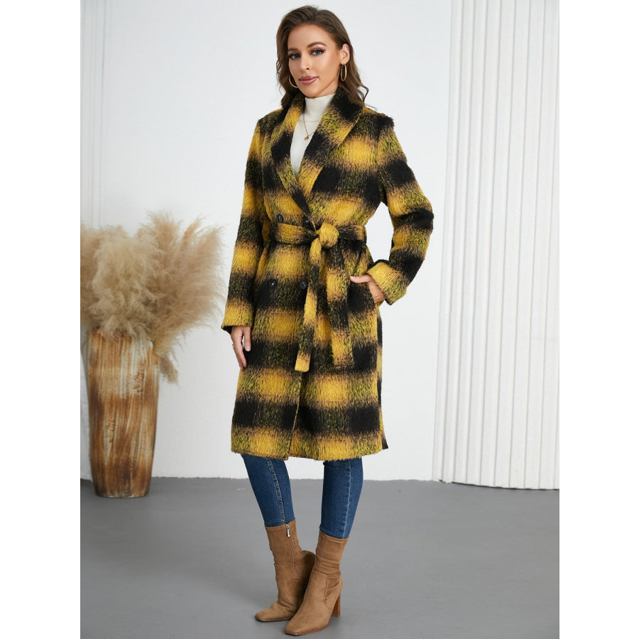 Plaid Tie Waist Long Sleeve Coat Apparel and Accessories