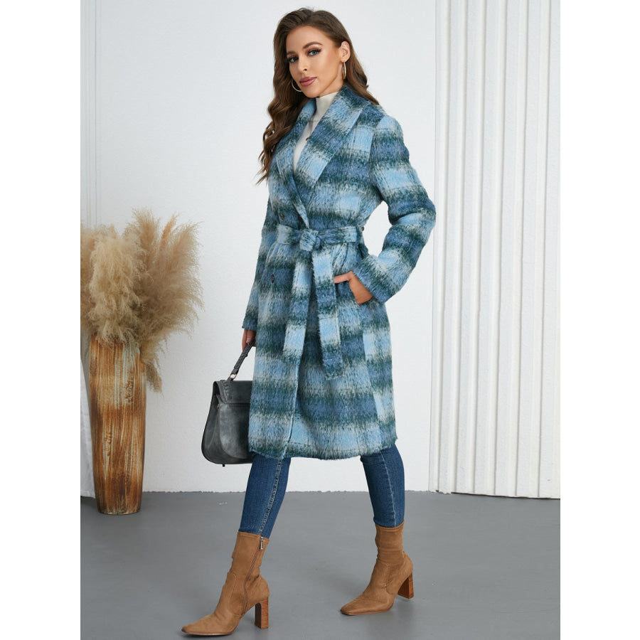 Plaid Tie Waist Long Sleeve Coat Apparel and Accessories