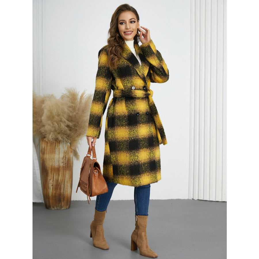 Plaid Tie Waist Long Sleeve Coat Apparel and Accessories