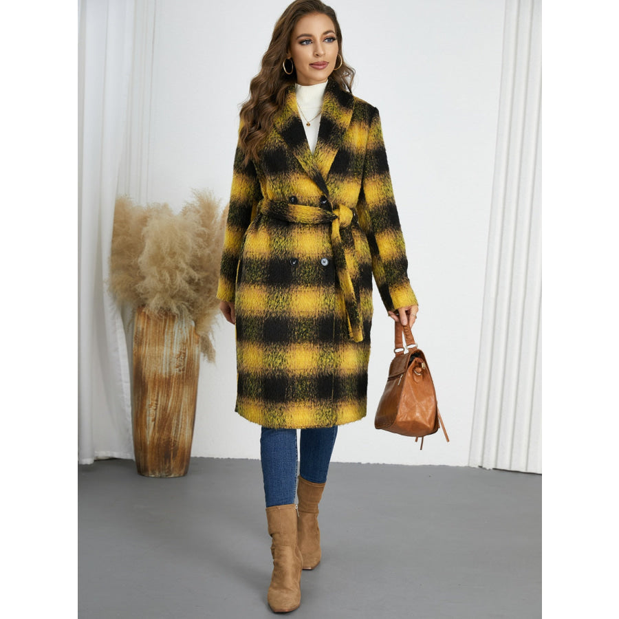 Plaid Tie Waist Long Sleeve Coat Apparel and Accessories