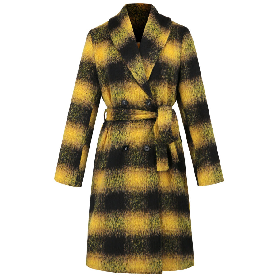 Plaid Tie Waist Long Sleeve Coat Apparel and Accessories