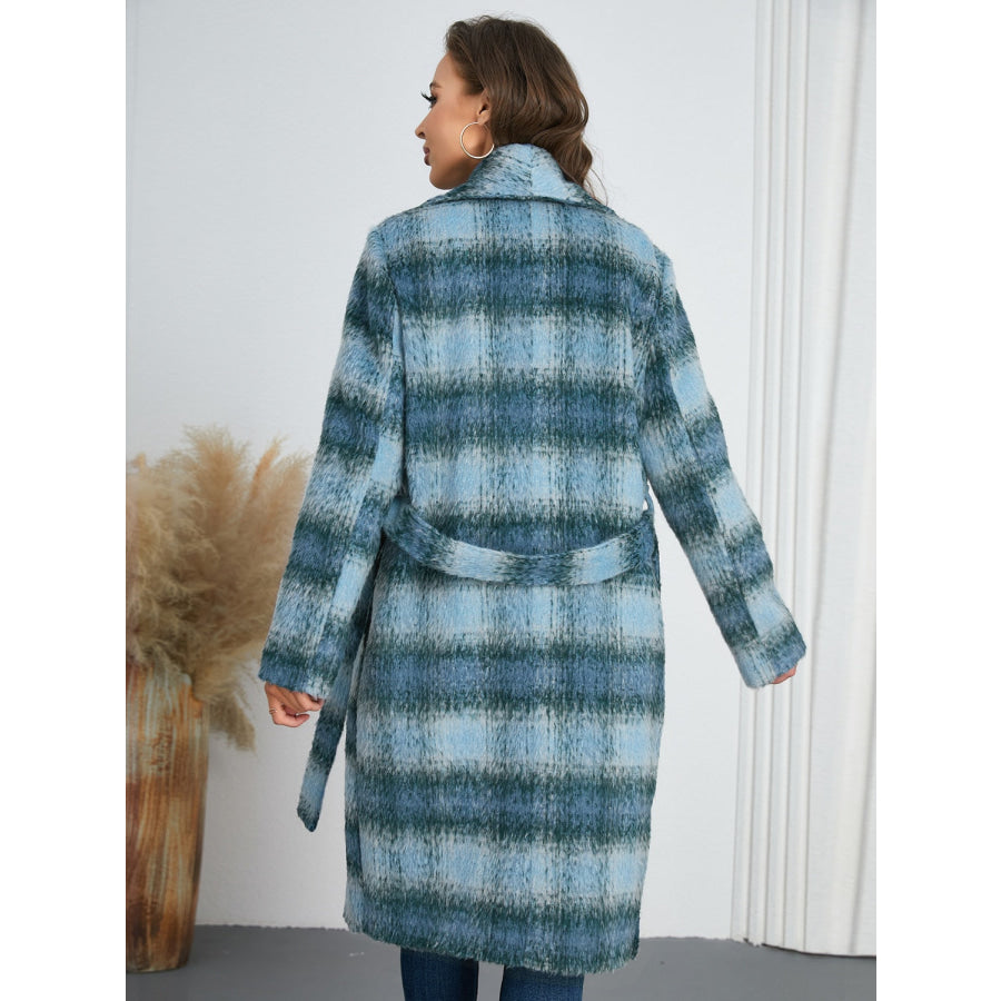 Plaid Tie Waist Long Sleeve Coat Apparel and Accessories